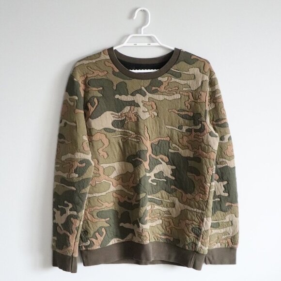 Zara Man Green Sz Lrg Camouflage Quilted Crewneck Stretch Pullover Sweater - Picture 1 of 8